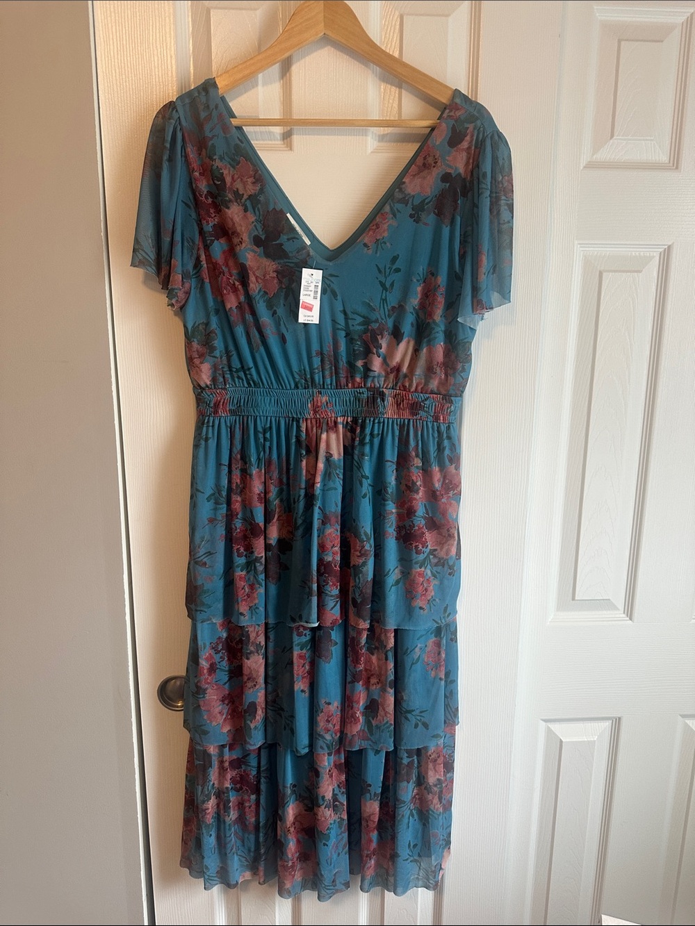 Teal Floral V-Neck Tiered Maxi Dress